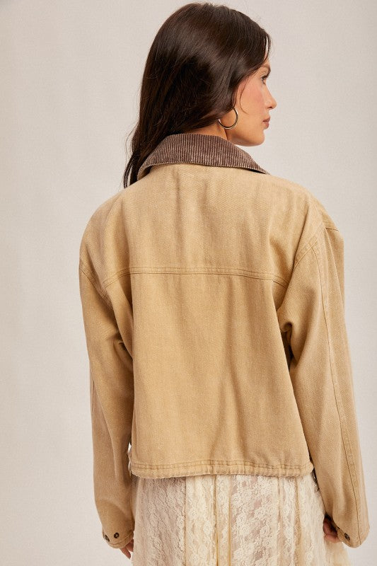 Corduroy Collar Contrast Twill Crop Jacket