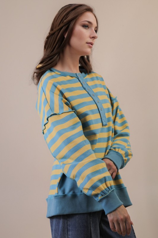 Oversized Striped Half Button Down Casual Knit Top