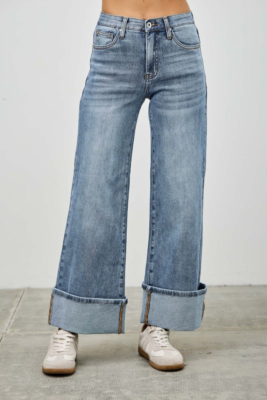 Saige Mid Rise Cuffed Jeans With Stretch