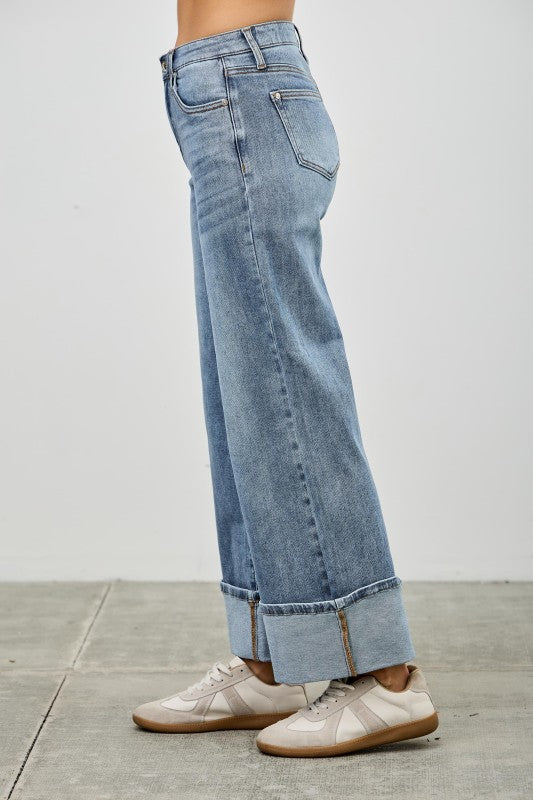Saige Mid Rise Cuffed Jeans With Stretch