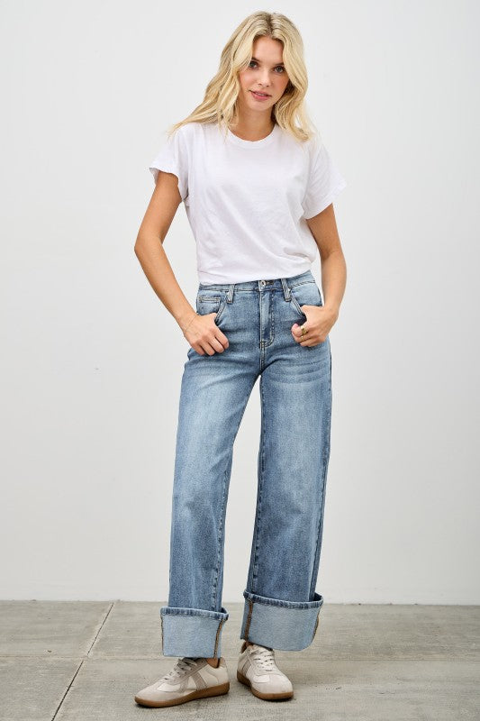 Saige Mid Rise Cuffed Jeans With Stretch