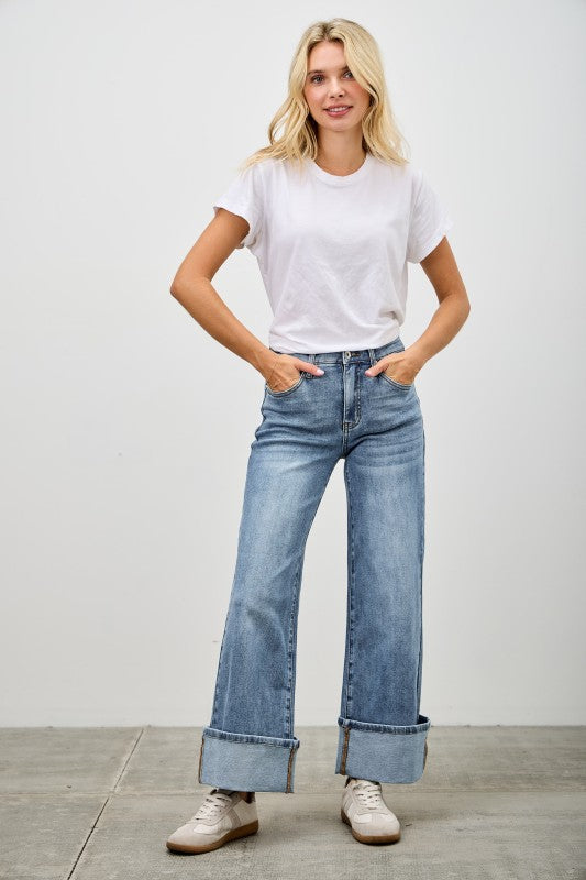 Saige Mid Rise Cuffed Jeans With Stretch