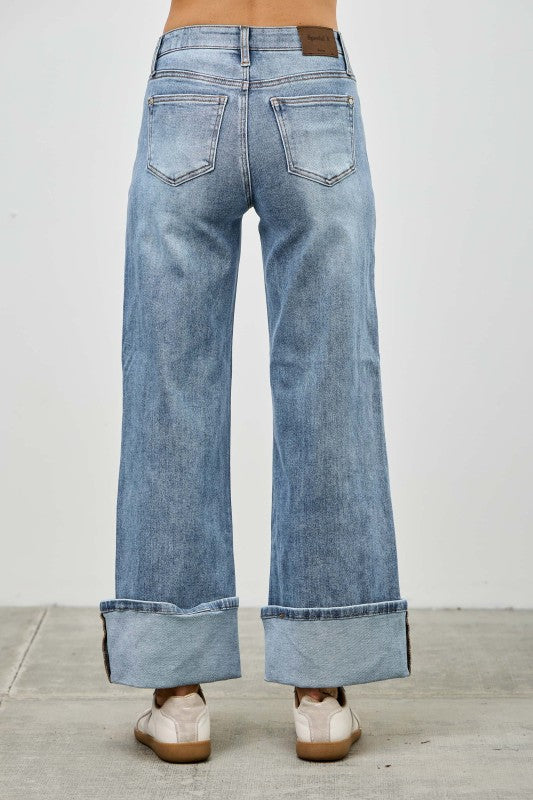 Saige Mid Rise Cuffed Jeans With Stretch