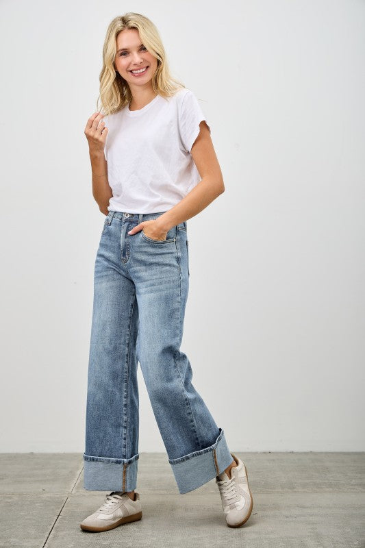 Saige Mid Rise Cuffed Jeans With Stretch