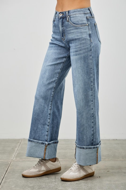 Saige Mid Rise Cuffed Jeans With Stretch