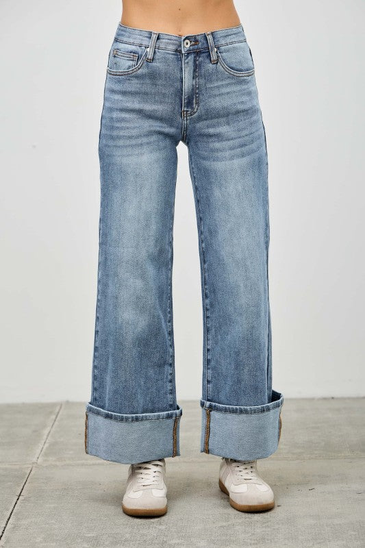 Saige Mid Rise Cuffed Jeans With Stretch