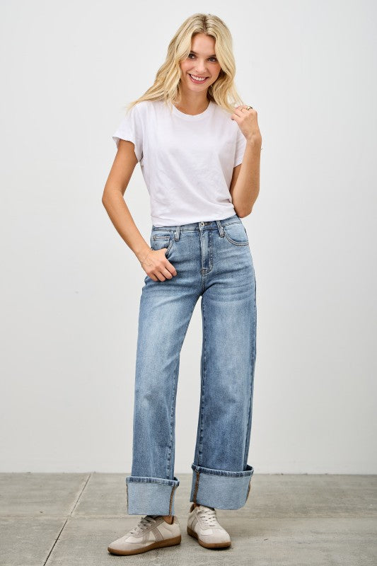 Saige Mid Rise Cuffed Jeans With Stretch