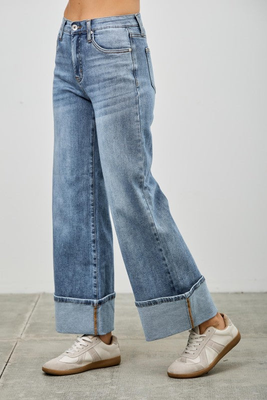 Saige Mid Rise Cuffed Jeans With Stretch