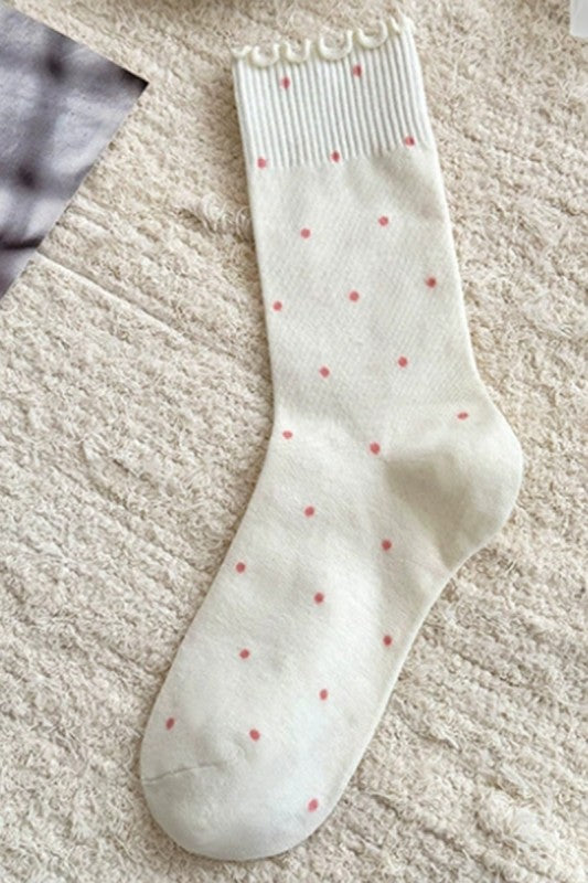 Ruffle Trim Polka Dot Knit Slouchy Socks