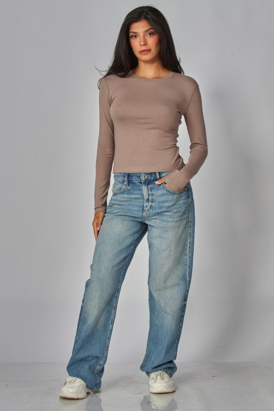 Fine Ribbed Crewneck Long Sleeve Top