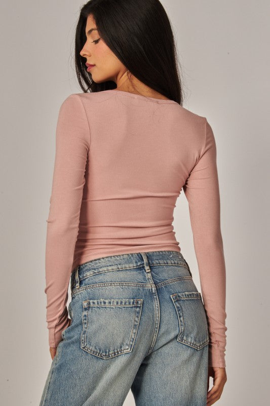 Fine Ribbed Henley Long Sleeve Top