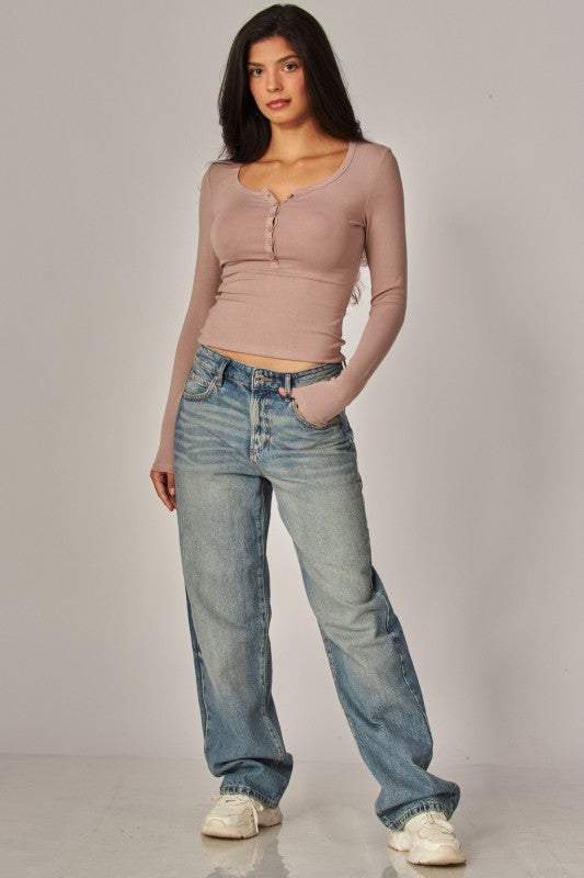Fine Ribbed Henley Long Sleeve Top