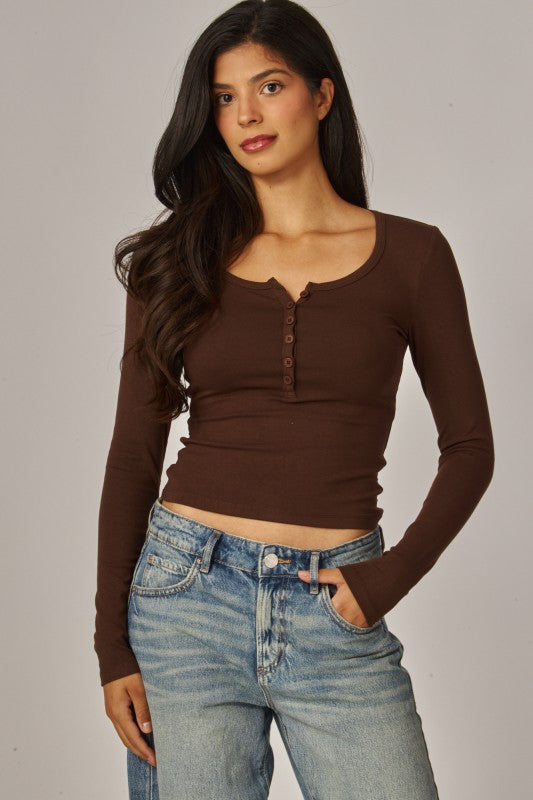 Fine Ribbed Henley Long Sleeve Top
