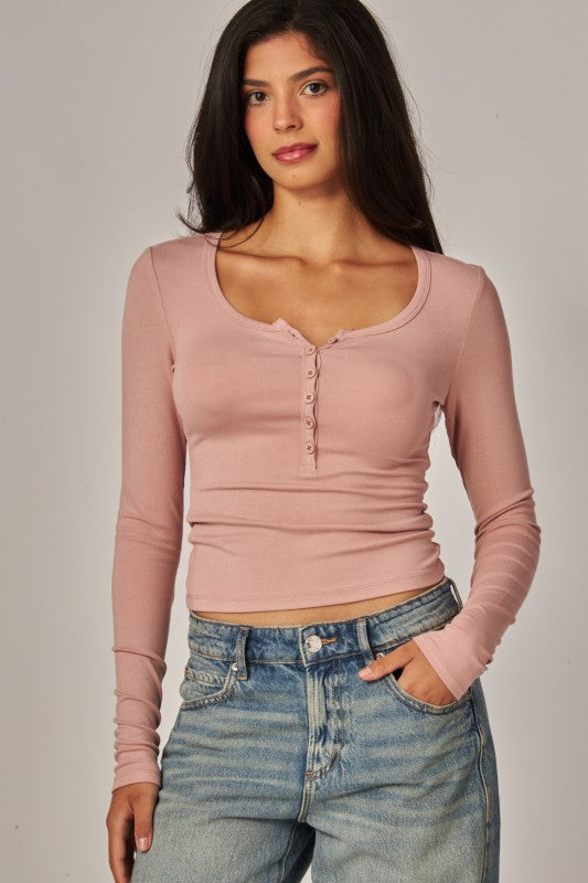 Fine Ribbed Henley Long Sleeve Top