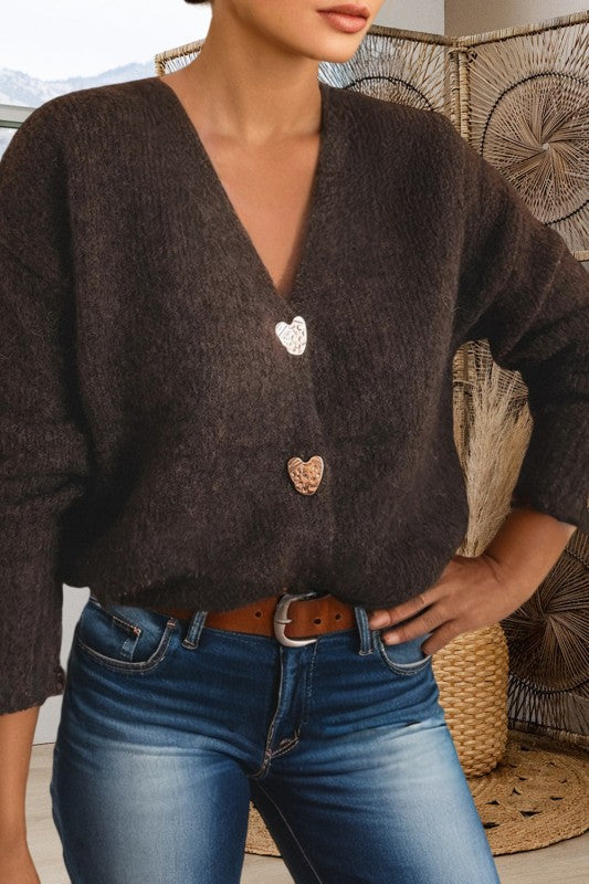 Heart Metal Button V Neck Cardigan Sweater