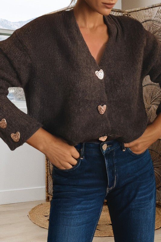 Heart Metal Button V Neck Cardigan Sweater