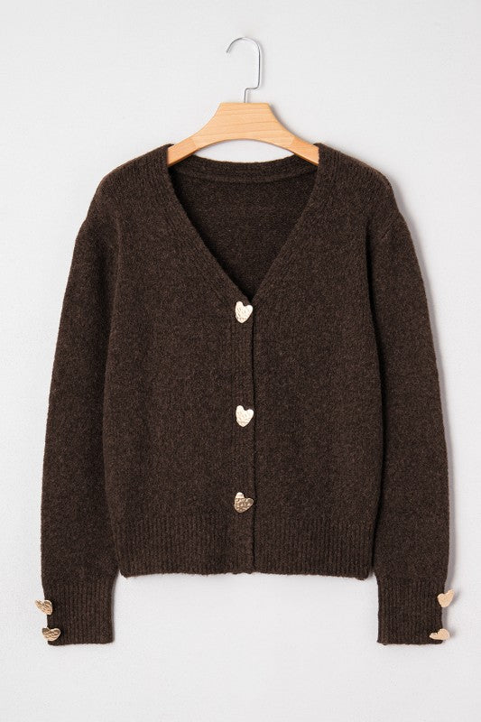 Heart Metal Button V Neck Cardigan Sweater