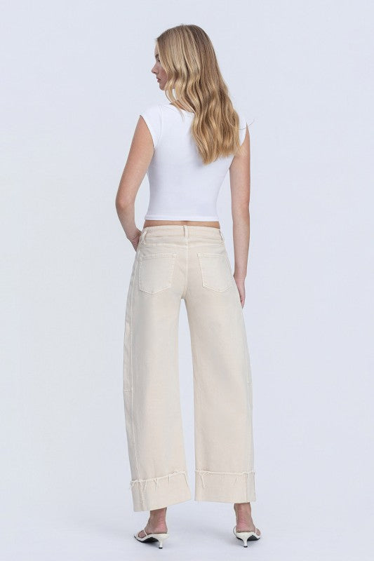 High Rise Side Panel Crop Cuffed Barrel Jeans