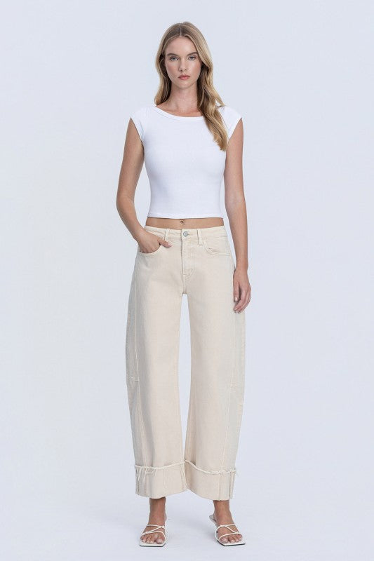 High Rise Side Panel Crop Cuffed Barrel Jeans