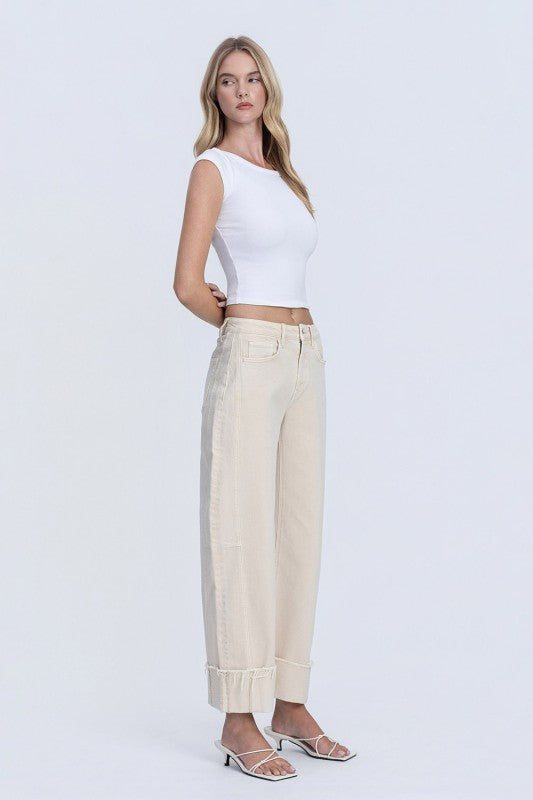 High Rise Side Panel Crop Cuffed Barrel Jeans