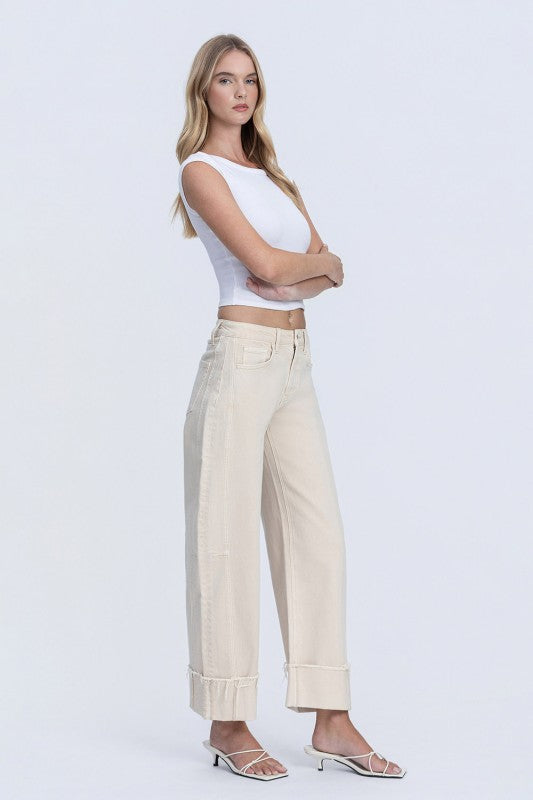 High Rise Side Panel Crop Cuffed Barrel Jeans