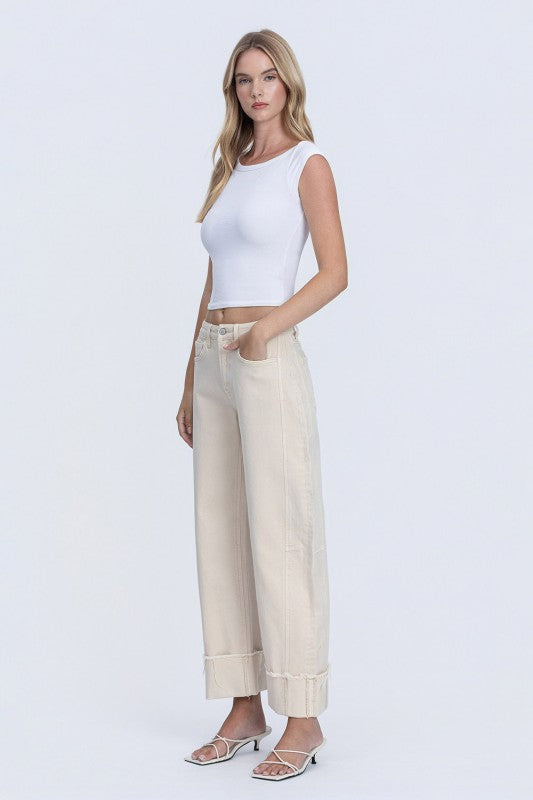 High Rise Side Panel Crop Cuffed Barrel Jeans