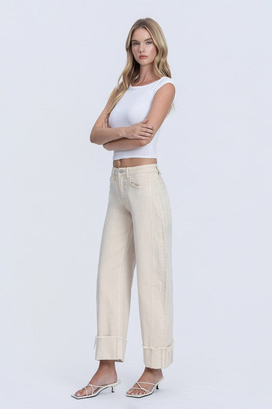 High Rise Side Panel Crop Cuffed Barrel Jeans