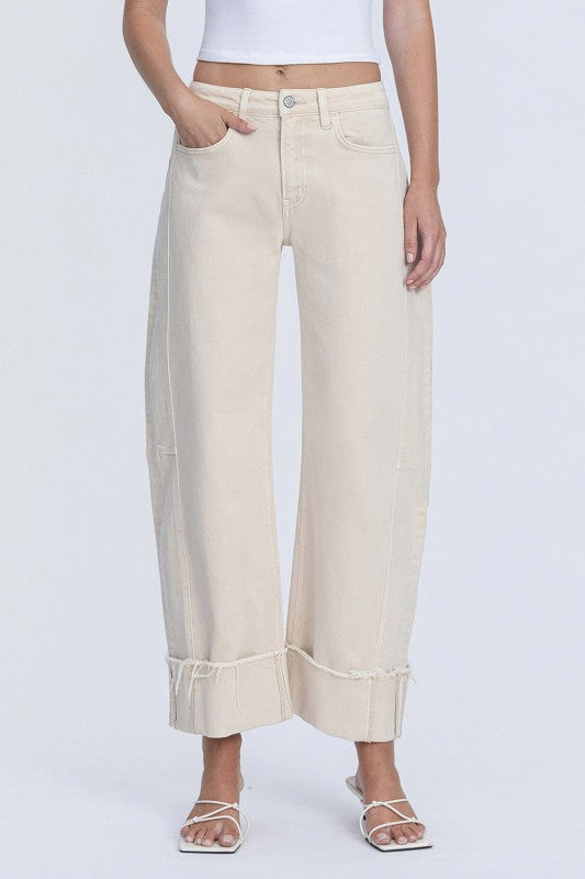High Rise Side Panel Crop Cuffed Barrel Jeans