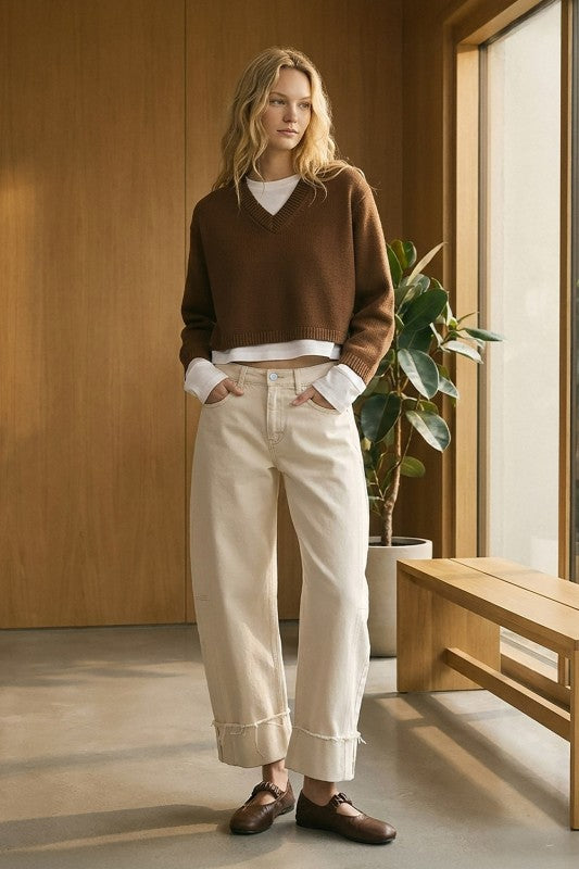 High Rise Side Panel Crop Cuffed Barrel Jeans