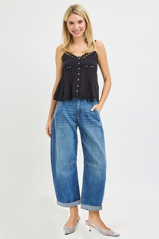 Slouchy Cropped Barrel Jeans With Cuffed Hem