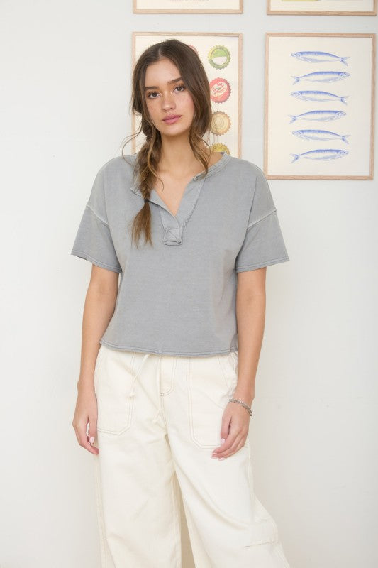Washed Split Neck Raw Edge Short Sleeve Knit Top