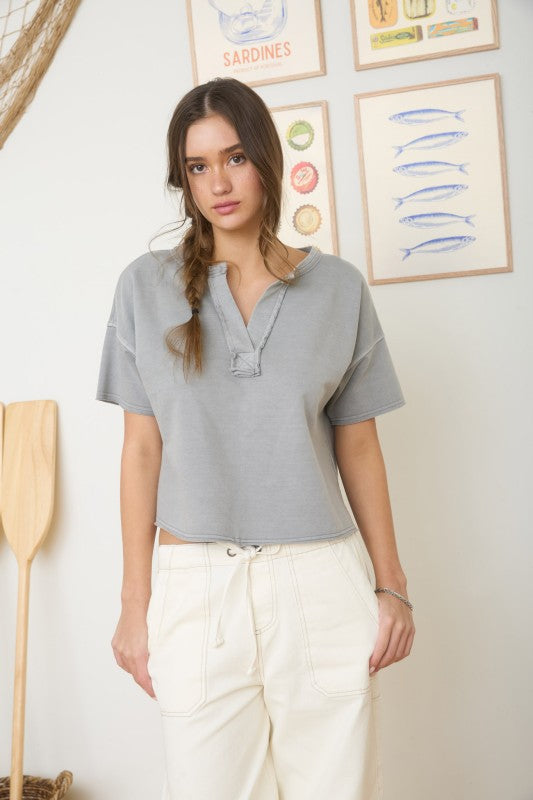 Washed Split Neck Raw Edge Short Sleeve Knit Top