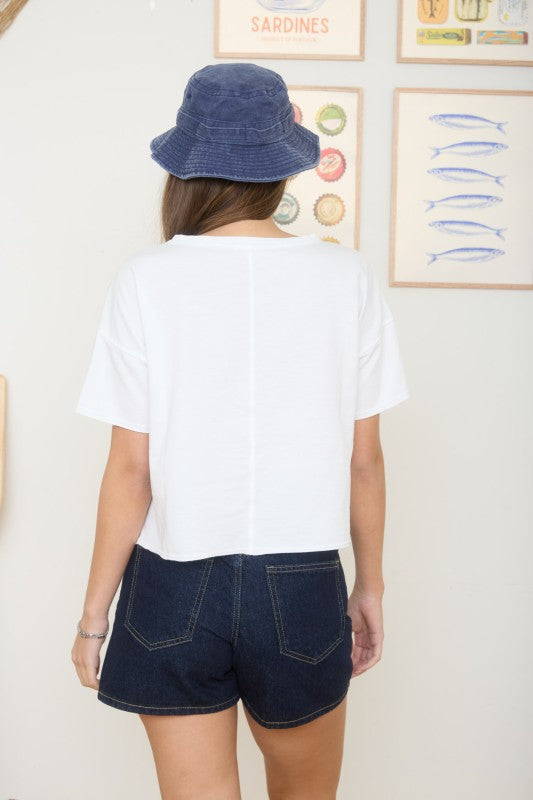 Washed Split Neck Raw Edge Short Sleeve Knit Top