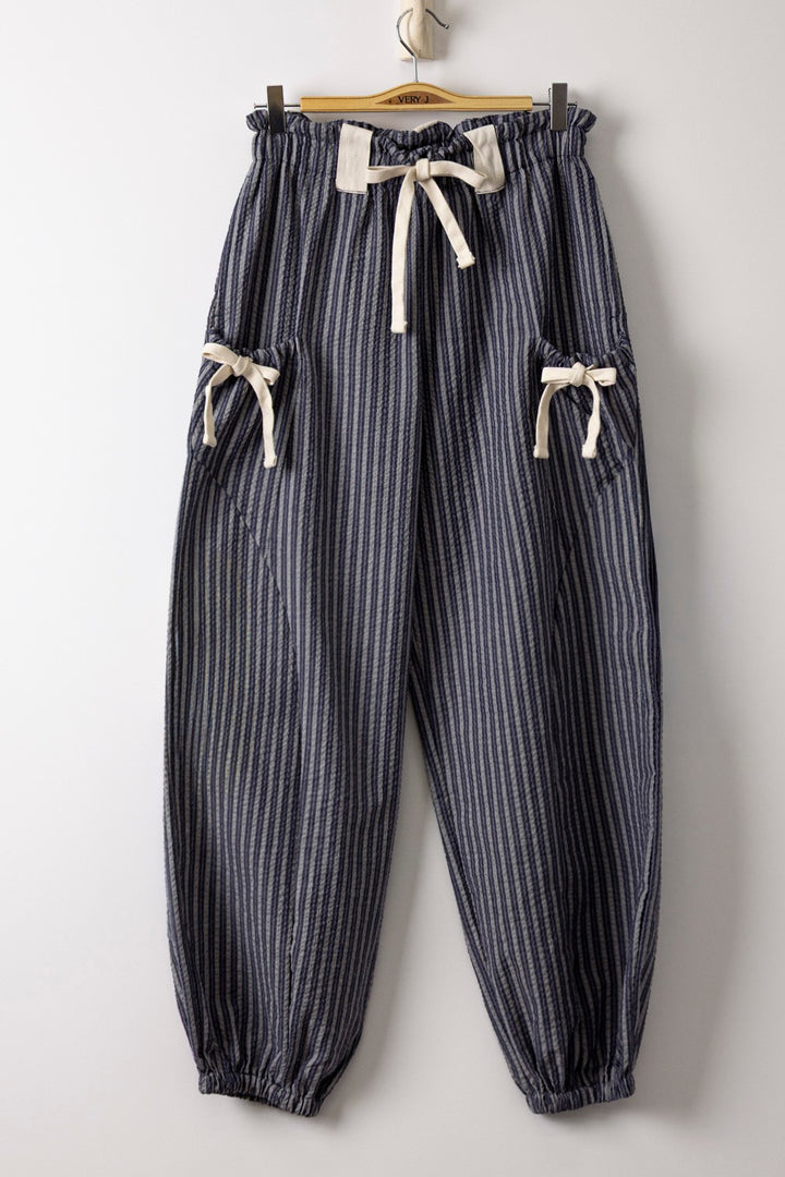 Bow Detail Stripe Textured Woven Pants