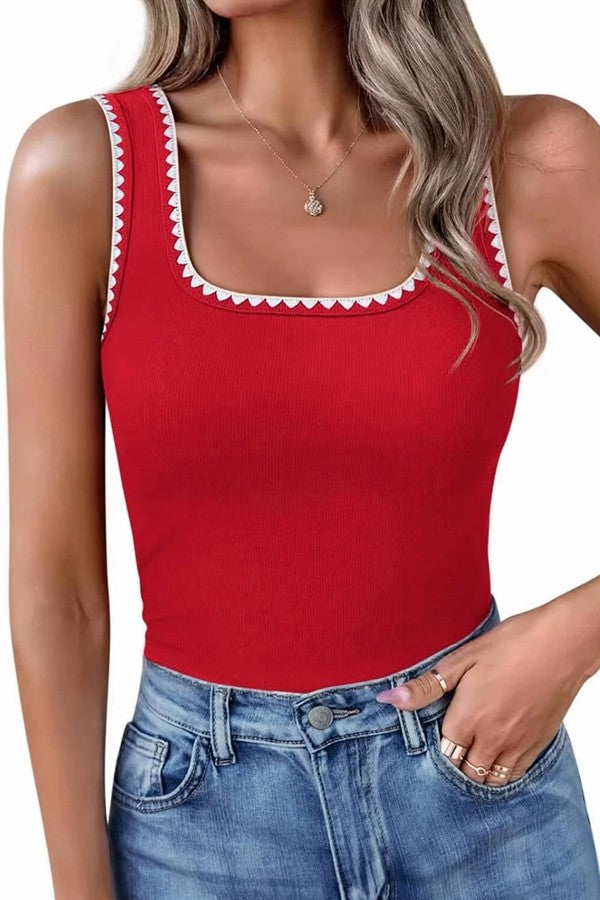 Slim Fit Color Block Ribbed Square Neck Tank Top