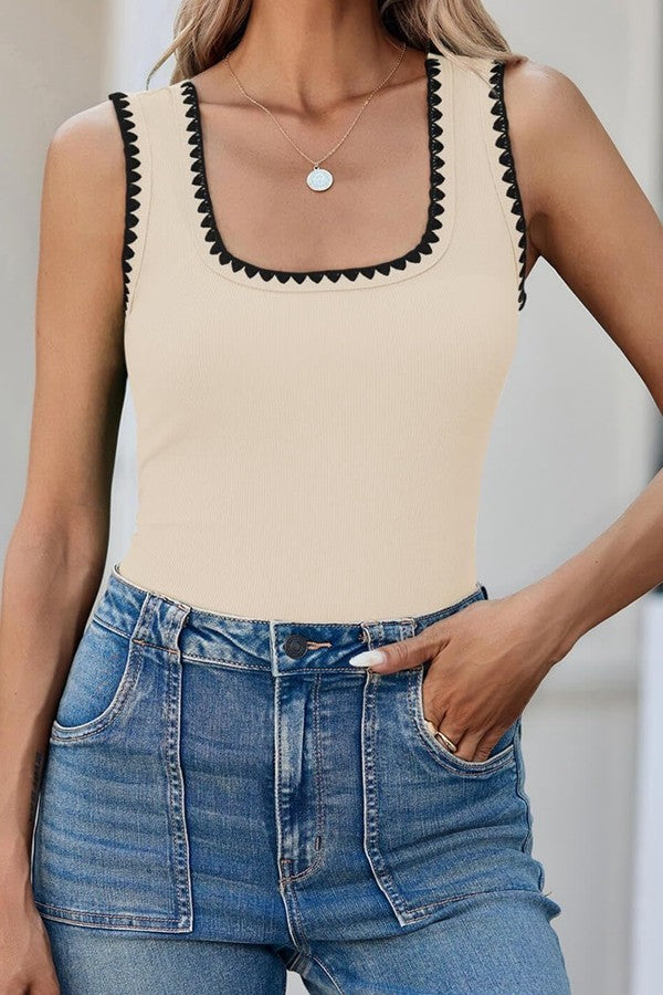 Slim Fit Color Block Ribbed Square Neck Tank Top