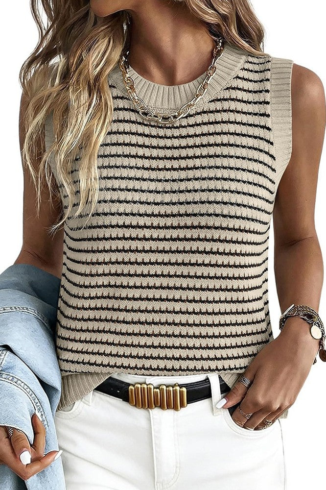 Round Neck Striped Sleeveless Knit Vest