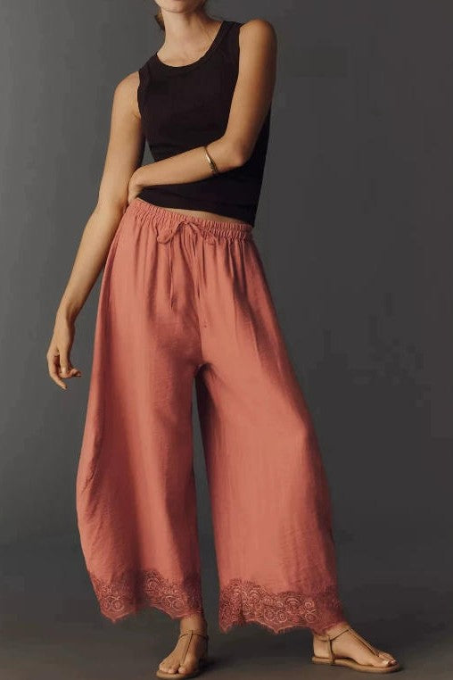 Elastic Waisted Lace Hem Wide Leg Pants