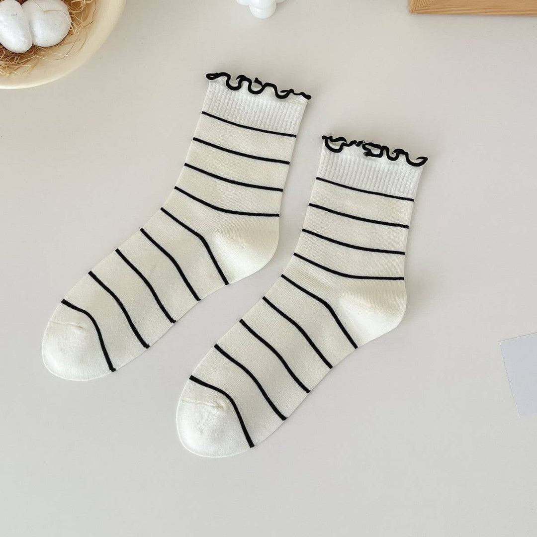Cute Dots, Stripes,Bow Ruffle White Crew Socks_CWMS1367