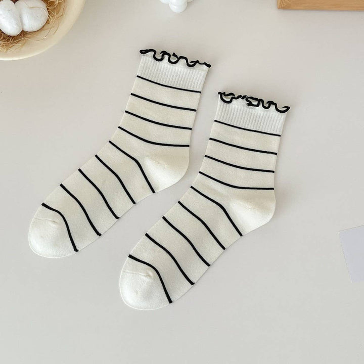 Cute Dots, Stripes,Bow Ruffle White Crew Socks_CWMS1367