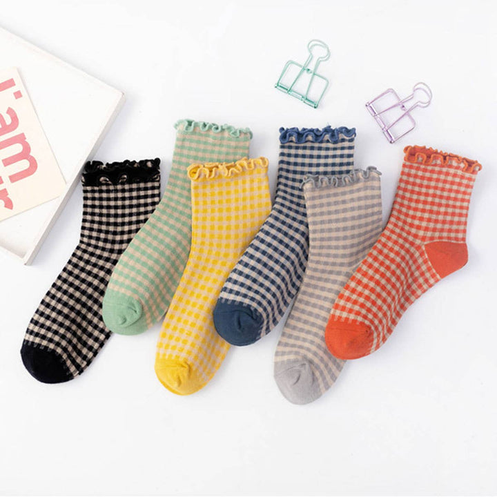 CHECK PLAID PATTERN RUFFLE CREW SOCKS FOR WOMENS_CWMS065
