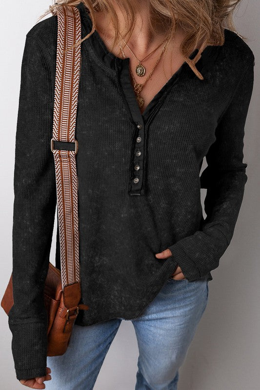 Waffle Knit Acid Wash Henley Top