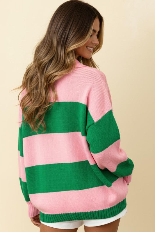 Collared Stripe Color Block Sweater Knit Top