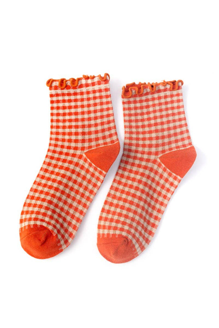 CHECK PLAID PATTERN RUFFLE CREW SOCKS FOR WOMENS_CWMS065