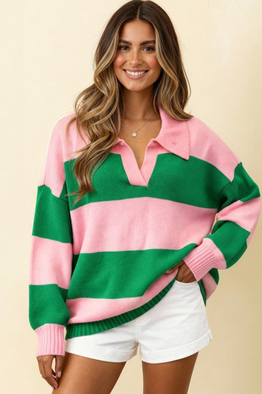 Collared Stripe Color Block Sweater Knit Top