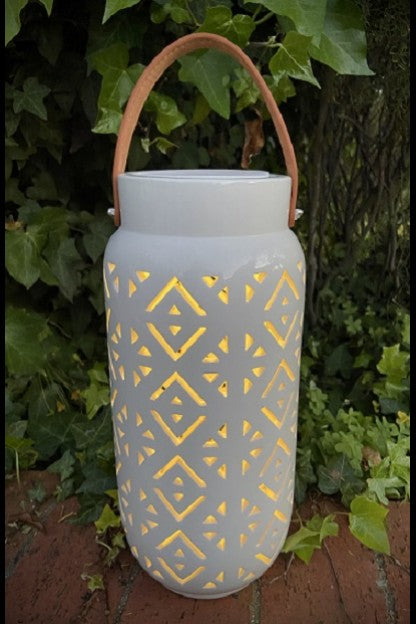Catalina Geometric Pre-lit Tall Ceramic Lantern 5.9" x 12.6"