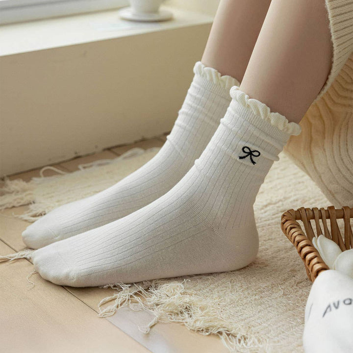 Cute Dots, Stripes,Bow Ruffle White Crew Socks_CWMS1367