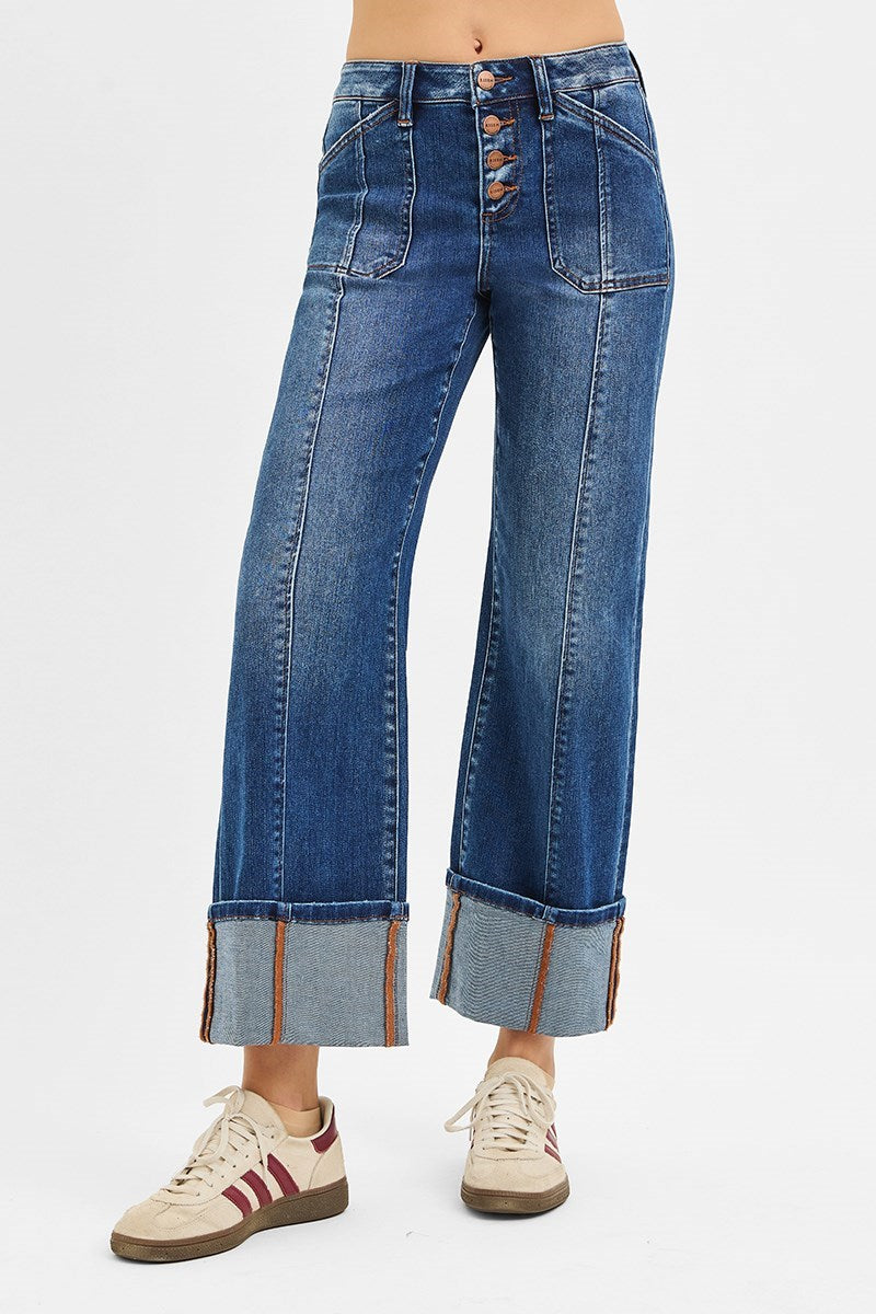 RISEN HIGH RISE CROP WIDE CUFFED JEANS