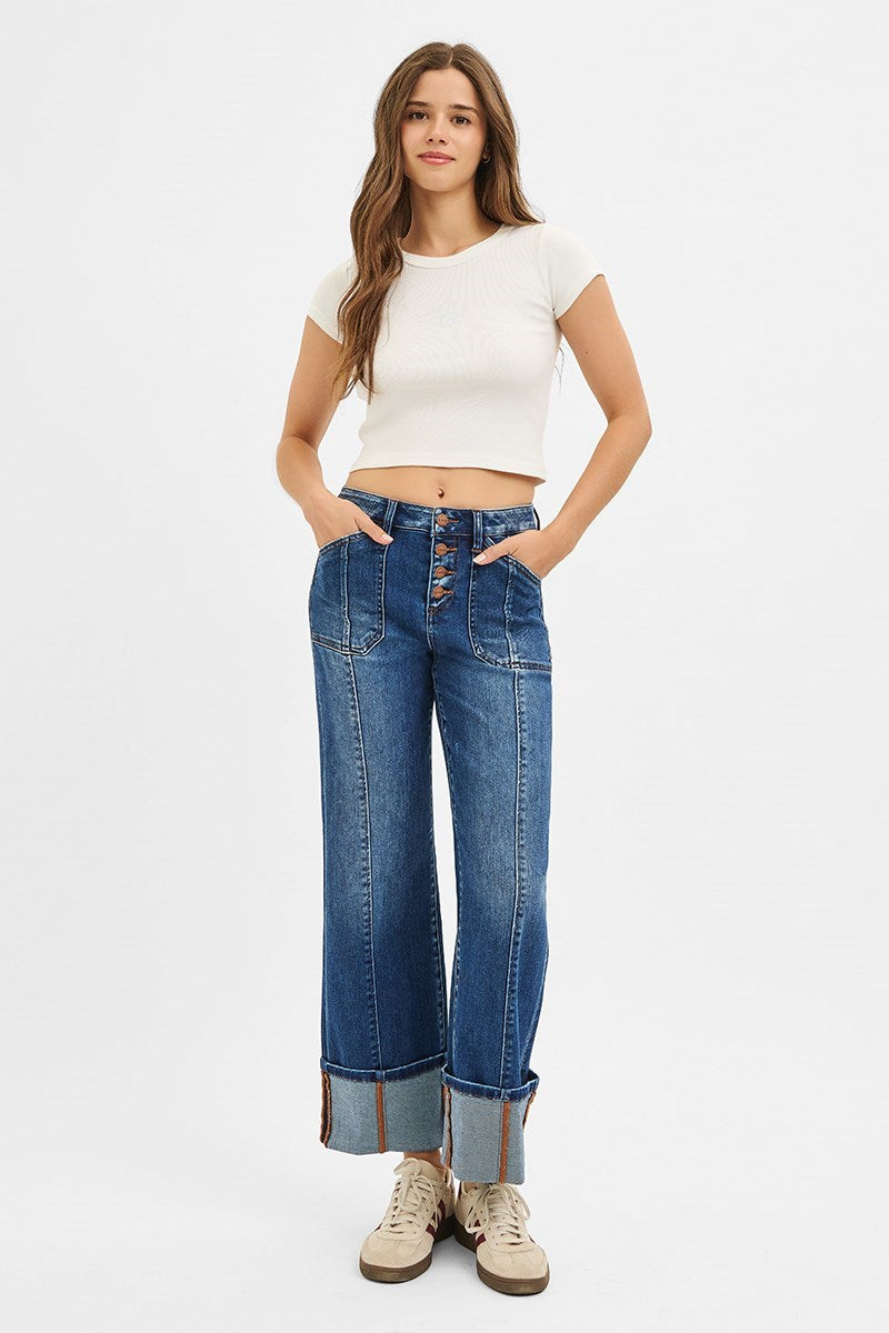 RISEN HIGH RISE CROP WIDE CUFFED JEANS