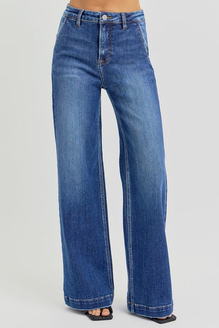 HIGH RISE WIDE LEG SLANTED POCKET JEANS